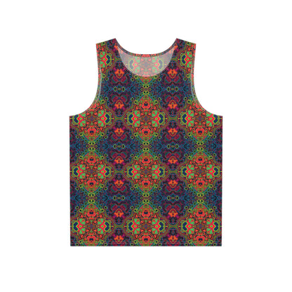 Flat lay of the Shipibo Psyy Pattern men's tank top showing the print.