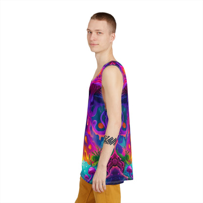 Flat lay of the Port Gillstown men's tank top displaying the complete design layout.