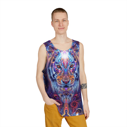 Close-up of the Empurrress print detail on the men's tank top fabric.