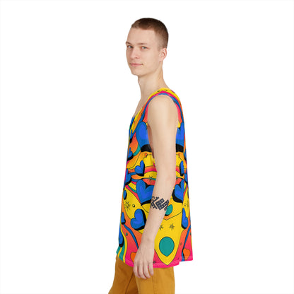 Psychedelic Hearts men's tank top laid flat, showing the full front print.