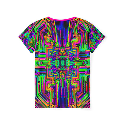 Side view of the Borg Rave print on this women's sport tee