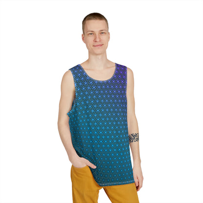 Close-up of the 'Blue Flower of Life Pattern' print detail on a men's tank top, showing color and texture.