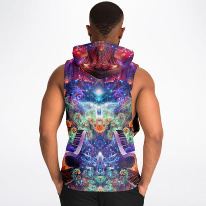 A second model wearing the “Magnus Opum” sleeveless hoodie, back view, highlighting the all-over print.