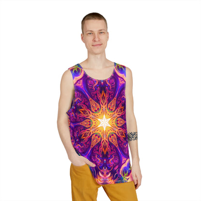 Close-up of the print detail on The Sacred Circle men's tank top's lightweight fabric.