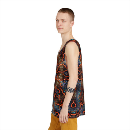 Another angle of the Starry Night men's tank top highlighting the print colors.