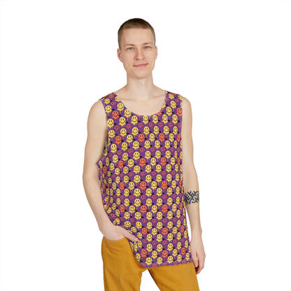 Purple Melting Smiley print men's tank top laid flat