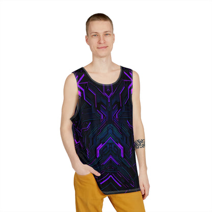 Angled view of the Alice In Night City men's tank top.