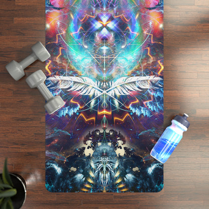 Flat lay of a yoga mat printed with the Soul Seeker psychedelic design.