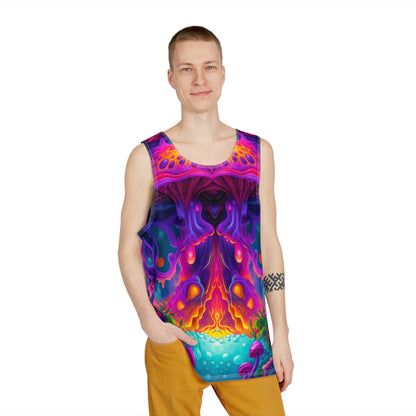 Angled view of the Port Gillstown Reflection men's tank top on a hanger.