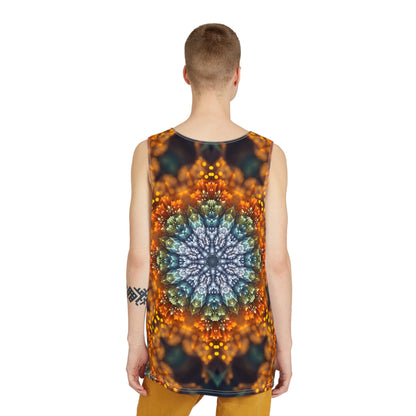 Overhead view of the Fractal Flower Mandala V2 men's tank top laid flat.