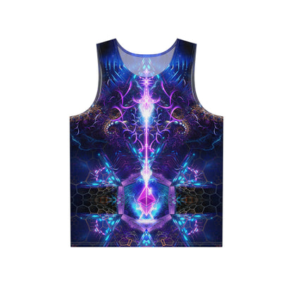 Front view of the ETH City men's tank top showing the full cyberpunk psychedelic print.
