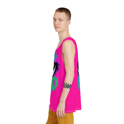 Model wearing the Gone Mad Cheshire men's tank top outdoors.