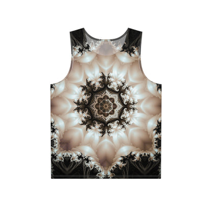 Flat lay of the 'Duality' men's tank top showing the full psychedelic print.