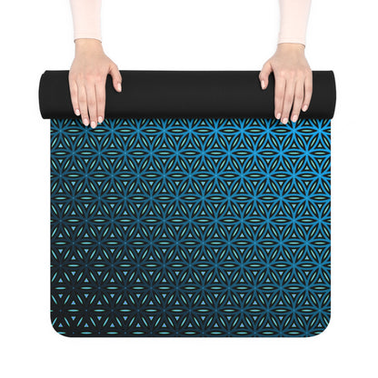 Corner detail of the Blue Flower of Life yoga mat showing the microfiber suede top texture.