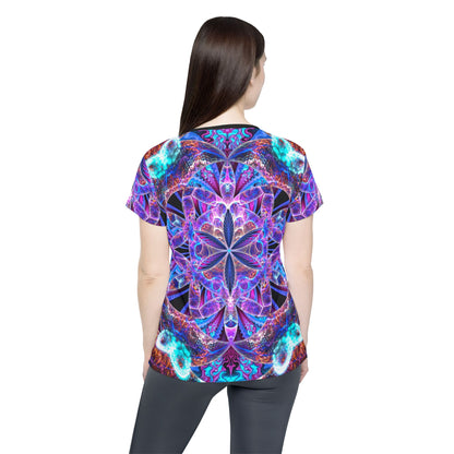 Corner detail of the "Flower of Life Mandala" all-over print on the women's sport tee.