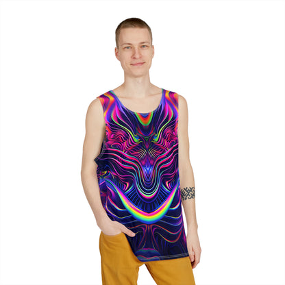 Close-up of the neon print detail on The Neon Effect men's tank top's lightweight fabric.