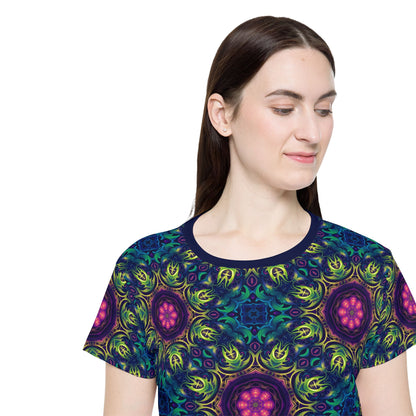 'Gatekeepers Pattern' sport tee for women, close-up of the sleeve print.