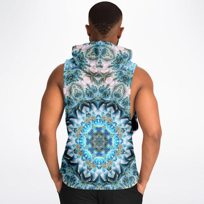 A second model wearing the “Return to Purity” sleeveless hoodie, back view, highlighting the print.