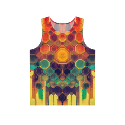 Front view of the Honeycombed psychedelic art men's tank top on a model.