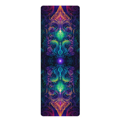 Belladonna yoga mat laid flat showing the full psychedelic print edge to edge.