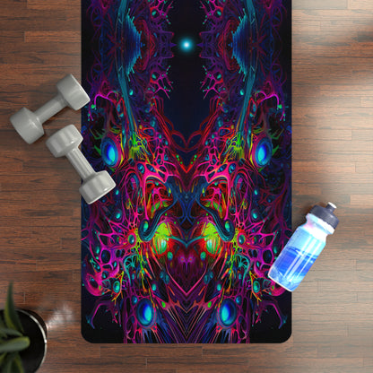 Overhead shot of The Peculiarity yoga mat on a wood floor beside dumbbells and a water bottle.