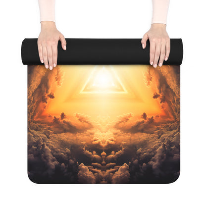 The symmetrical gold and charcoal Adieu V2 artwork printed on a rubber yoga mat.