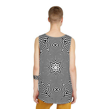 Front view of the black and white Zibrus Maximus tank top with the design edge to edge.