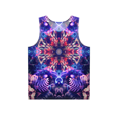 Front view of the Flow State men's tank top showing the full psychedelic print.