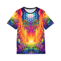 Men's sport tee in the DMTron psychedelic all-over print design, flat lay view.