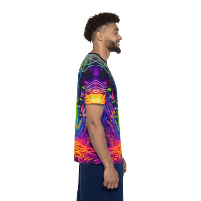 Flat lay of the Maze of Life sport tee showing the full all-over print layout.