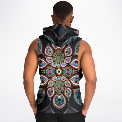 A model showcasing "The Waiting Room" sleeveless hoodie from the back.