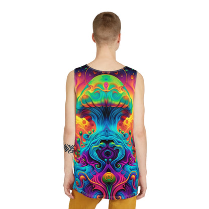 Fruits of the Void men's tank top shown on a model at an angle.