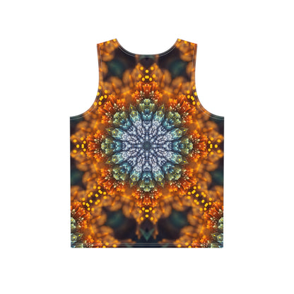 Close-up of the Fractal Flower Mandala V2 print detail on the men's tank top fabric.