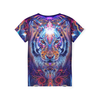 Women's sport tee in the Empurrress psychedelic cat all-over print design, close-up of the print.