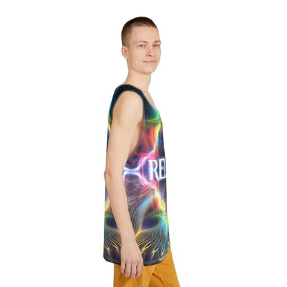 Corner detail shot of the Relax print along the men's tank top hem.