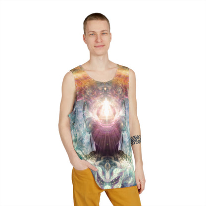 Angled view of the Celestial Vibrations men's tank top showing the cosmic wave pattern wrap.