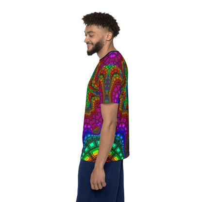 Sleeve detail of the "Kambo" sport tee, showing how the print wraps the fabric.