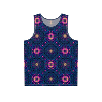 Front view of the Nocturnal Lattice men's tank top with a dark geometric print across the chest.