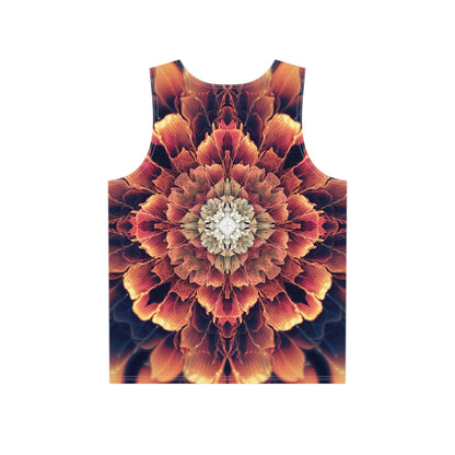Angled view of the 'Mandala Bloom' all-over print covering this men's tank top.