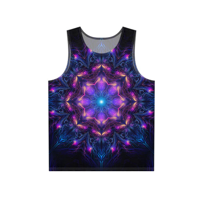 Front flat lay of the 'Twilight Glow Mandala' men's tank top showing the psychedelic all-over print.