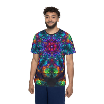 Flat lay of the men's sport tee showing the Fungus Amongus Mandala print.