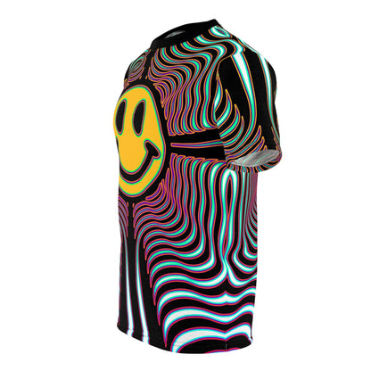 Angled view of the Smileyusion psychedelic t-shirt laid flat on a surface.