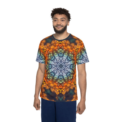 Close-up of the print detail of the Fractal Flower Mandala V2 design on the men's sport tee.