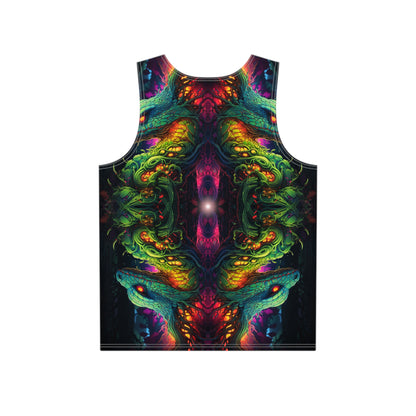 Close-up of the Seed of Knowledge print on the men's tank top fabric.