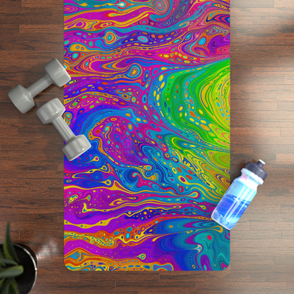 UV Bleed yoga mat on a wood floor styled with dumbbells and a water bottle.