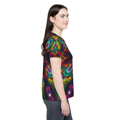 Side view of the Seed of Knowledge Mandala women's sport tee on a model.