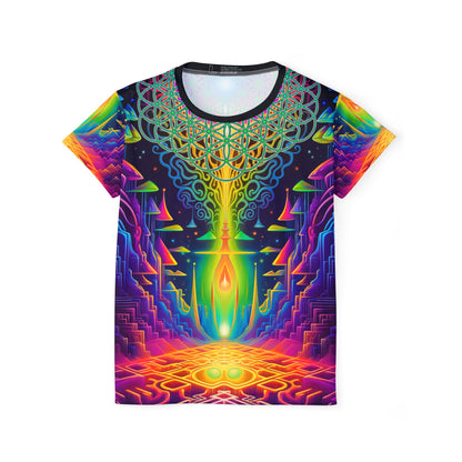 Front view of the Maze of Life sport tee showing the all-over print design.