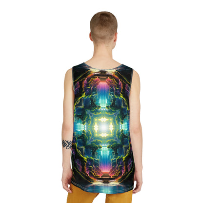 Overhead view of the Remnant Portal men's tank top laid on a flat surface.