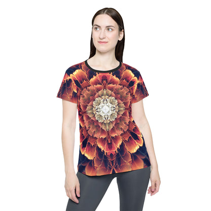 Close-up of the Mandala Bloom sport tee print showing color and pattern detail.