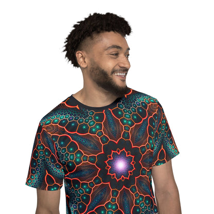 Three-quarter angle of the Multiverse sport tee showing the print placement.